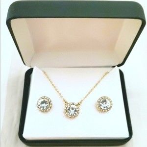 NEW SET Gold Sparkling Faceted Round Crystals Pendant Necklace w Earrings